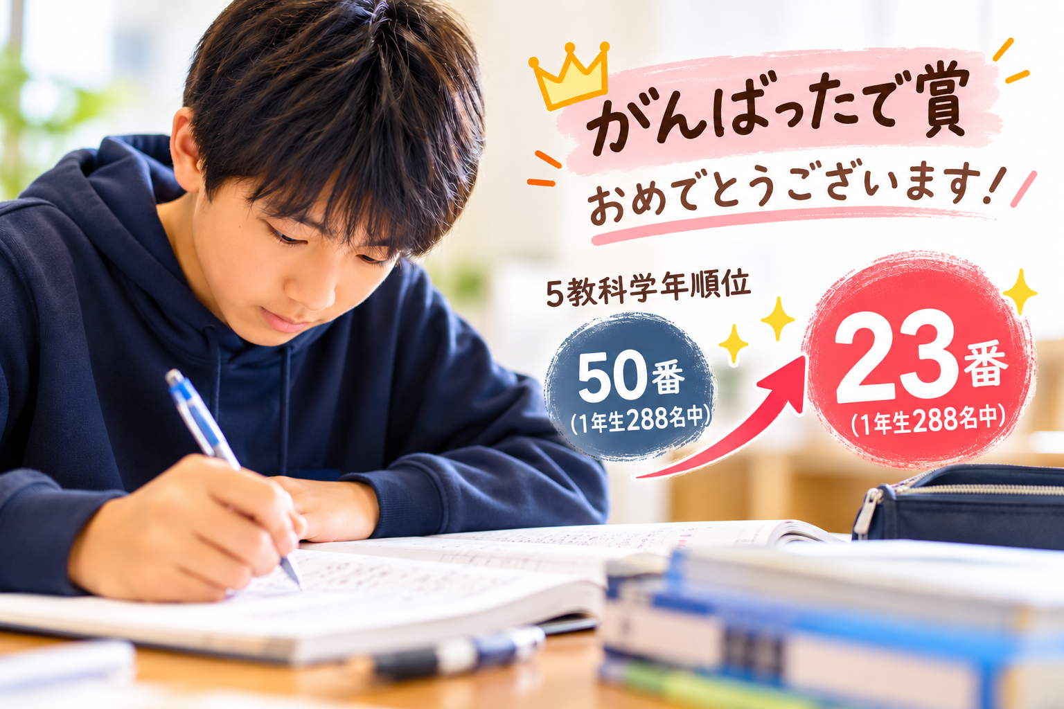 努力の成果、学年順位アップ